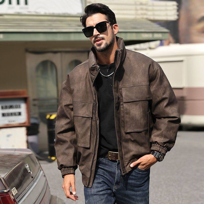 YRH256065男士皮衣羽绒服立领冬季保暖美式复古男士90白鸭绒加厚