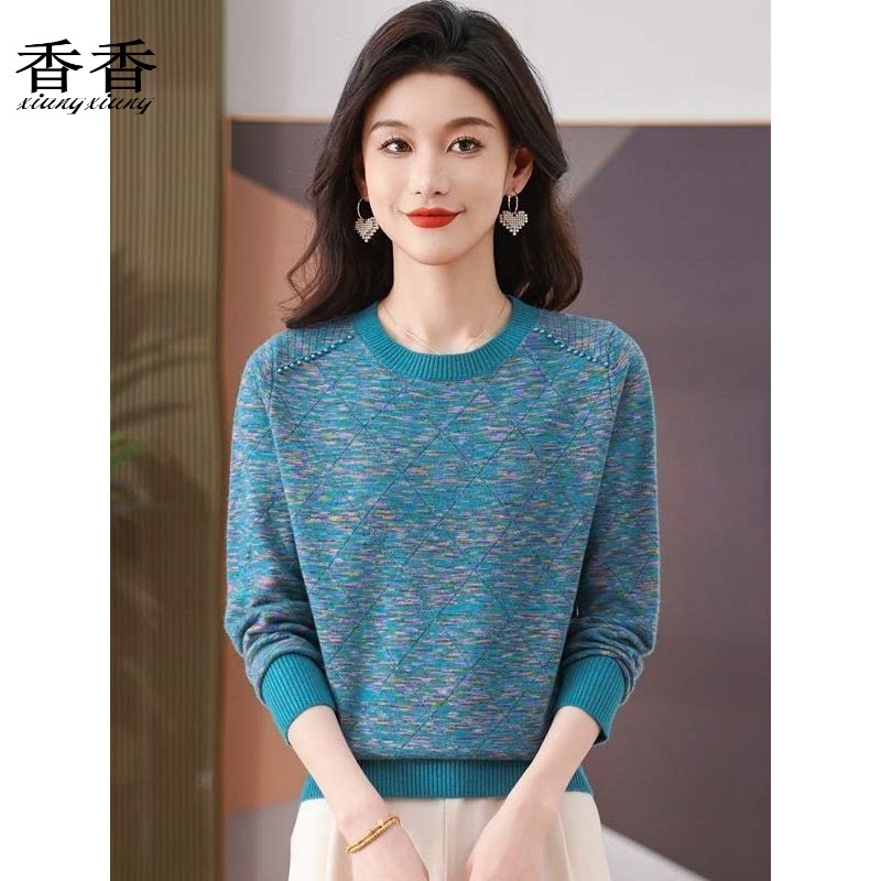 2025年春季新款春秋外穿宽松圆领针织打底衫妈妈装洋气花色毛衣女