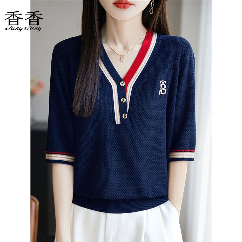 时尚V领刺绣针织衫女士夏季新款宽松显瘦短袖薄款套头上衣冰丝T恤