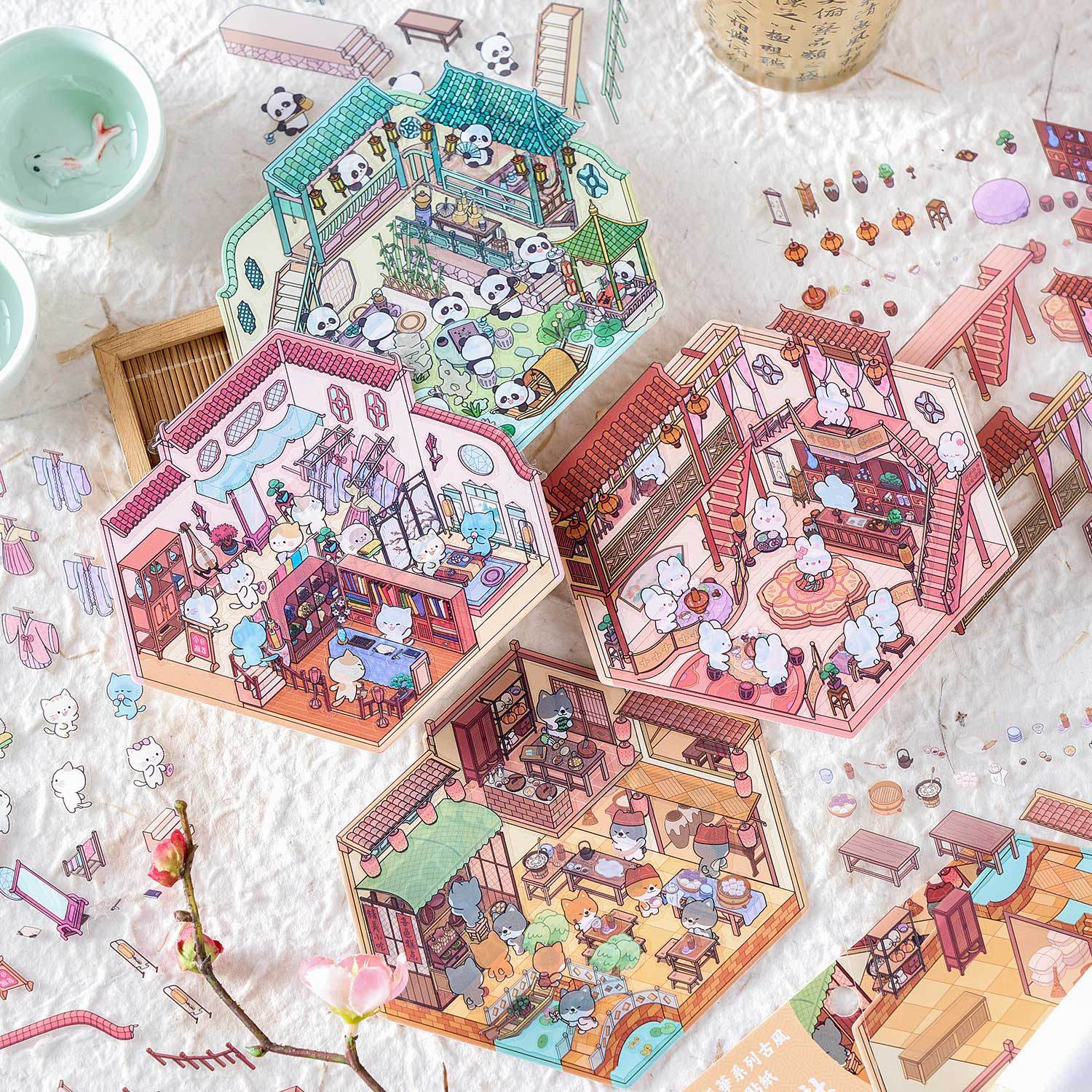 早沫古风造景贴纸3D立体小屋场景收纳造景贴纸古风解压手工贴画
