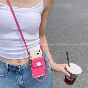 可爱KT公仔少女心玫红卡包适用oppofindx9手机壳reno1413pro背带斜挎a5挂绳findx8全包a6pro软硅胶reno11挂脖