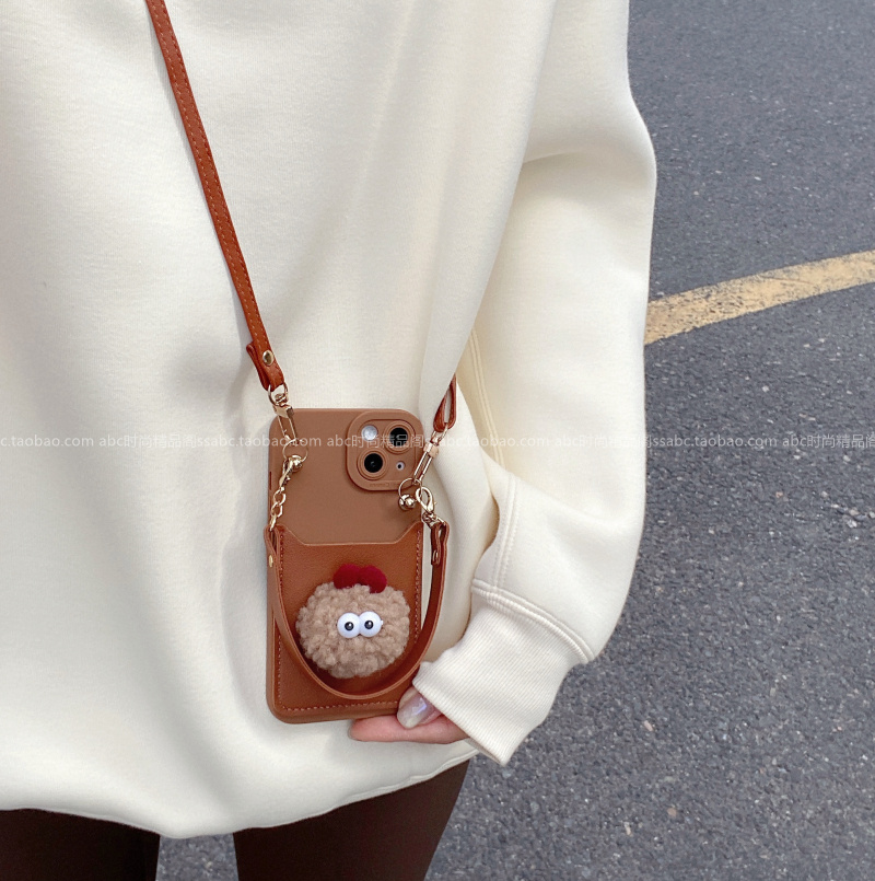可爱毛茸茸煤球公仔插卡包适用vivox300手机壳x300pro轻奢s3020斜挎挂绳x200s全包边iqooz9可爱s18女款x9080