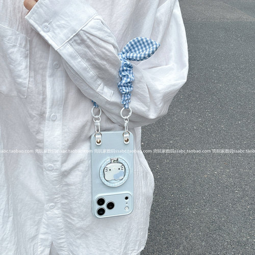 韩系ins风蓝色镜子支架壳适用opporeno16/15pro手机壳findx9x8x7卡通支架A7promax可爱A6spro新品reno14全包