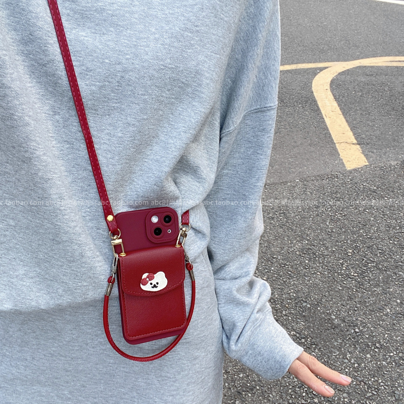 新款酒红色蝴蝶结小狗卡包适用vivox300手机壳x300pro轻奢s3020斜挎挂绳x200s全包边iqooz9卡通s18女款x9080