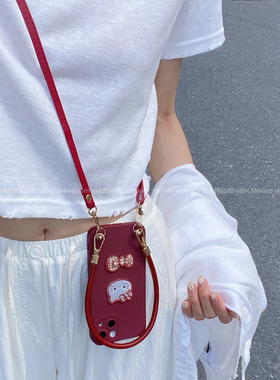 新款酒红色蝴蝶结kt猫公仔适用oppofindx8手机壳reno13/14斜挎手拎绳findx7全包a5pro防摔套a3硅胶k12/k11x