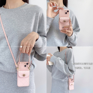 新款ins少女粉山茶花菱格插卡包适用oppofindx8手机壳reno13Pro斜挎挂绳A3全包边reno11女款findx7挂脖reno9