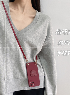 ins卡通XX熊金属指环支架适用opporeno13手机壳reno11斜挎挂绳findx8全包边A3网红findx7简约A2Pro女款A72/A9