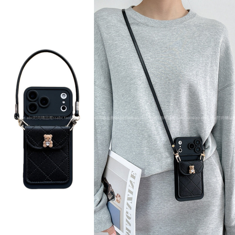 菱格小香风卡包适用于小米17promax/15pro手机壳note15/14/13可背带红米k90斜挎挂绳k80高级小熊仔turbo4个性