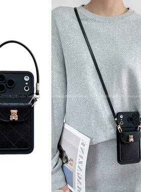 菱格小香风卡包适用于小米17promax/15pro手机壳note15/14/13可背带红米k90斜挎挂绳k80高级小熊仔turbo4个性