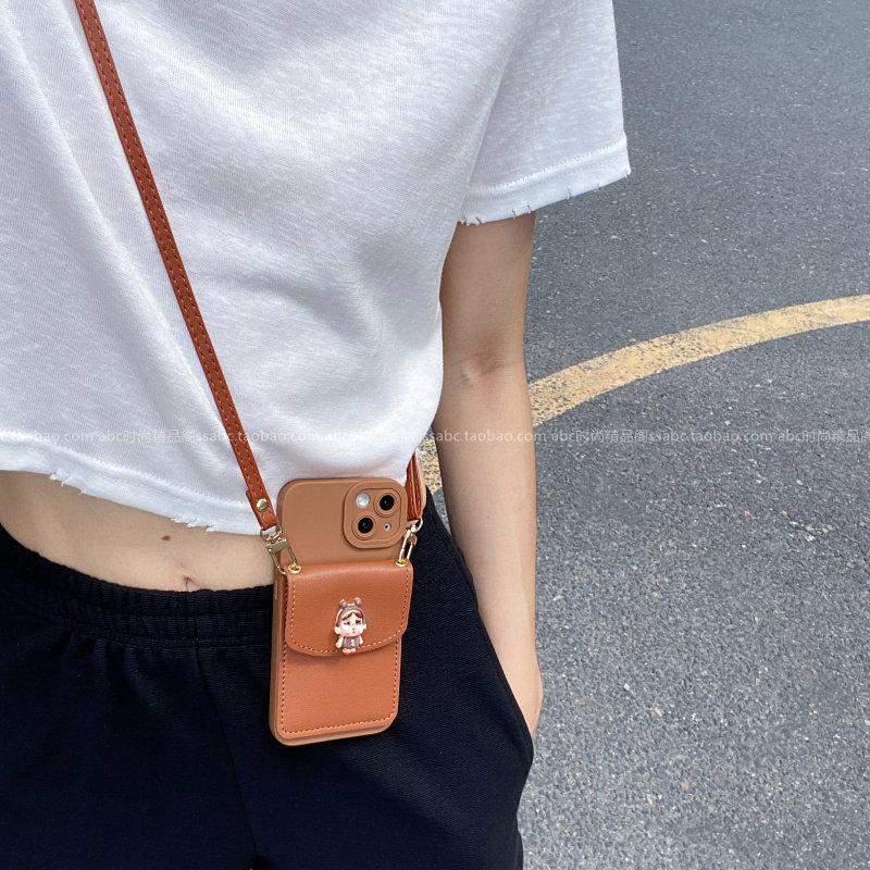 新款ins棕色哭娃卡包壳适用华为mate70Pro手机壳pura80背带斜挎p70挂绳nova14全包mate60软硅胶畅享70x挂脖50