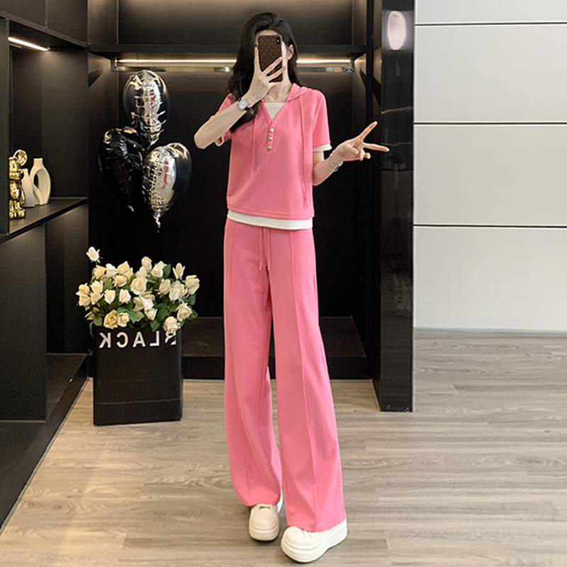 韩版时尚休闲套装女夏季新款高级感显瘦连帽卫衣阔腿裤运动两件套