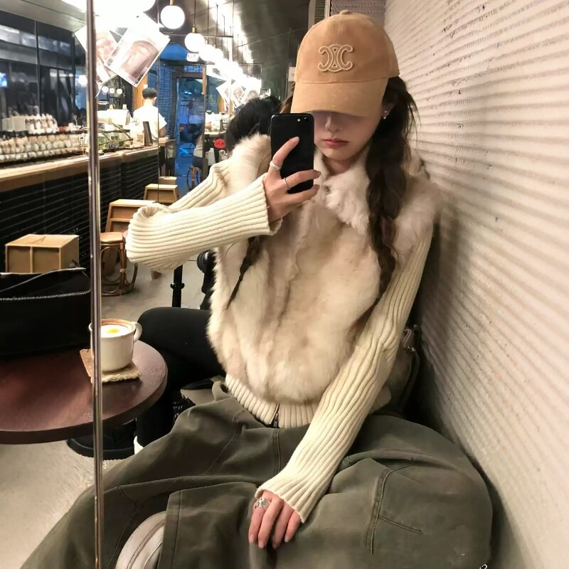 仿皮草棉服可拆卸针织袖马甲外套