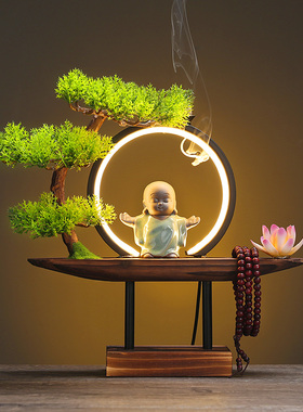 新中式 led灯圈倒流香炉摆件禅意创意办公室家用茶室茶道桌香薰炉