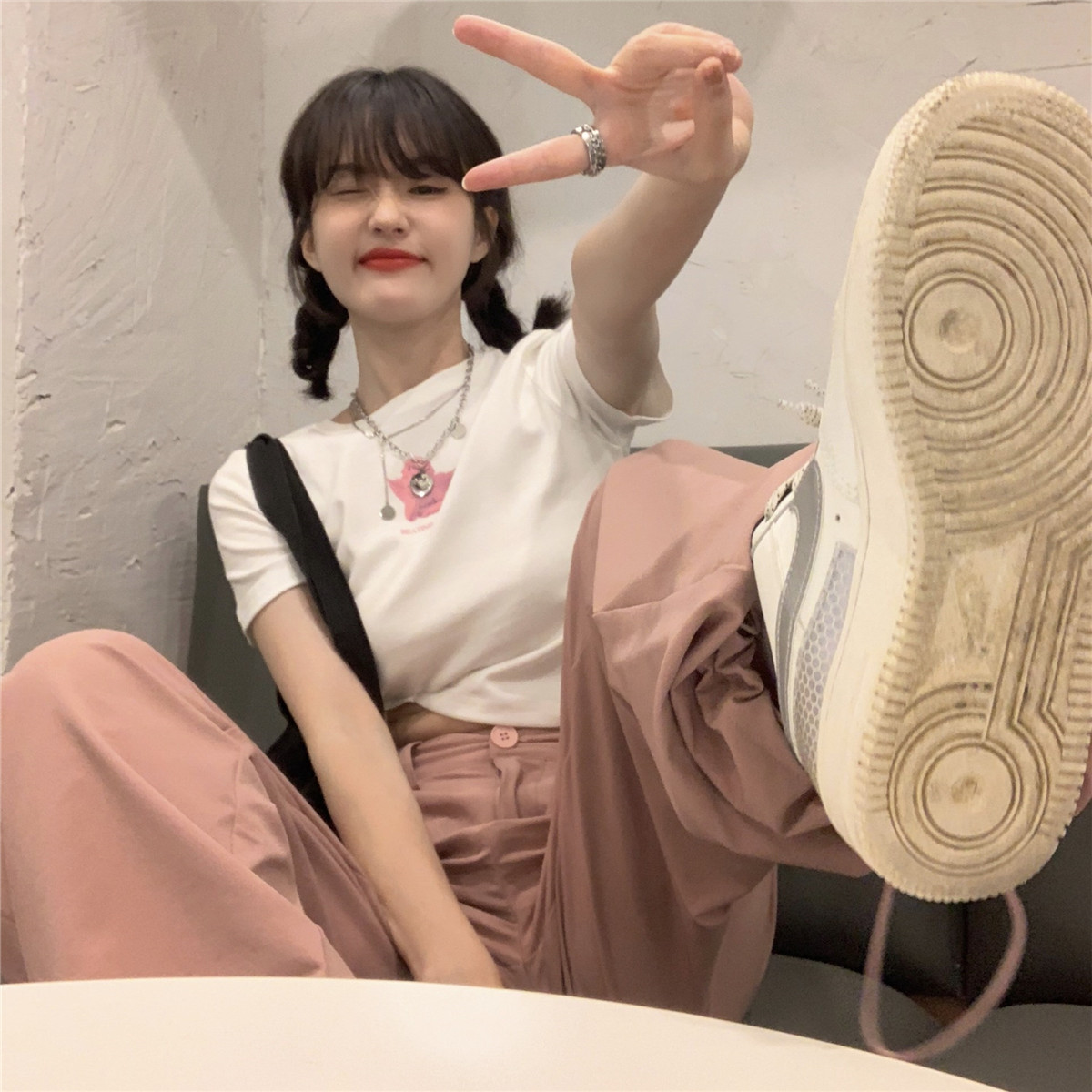 Korean hot girl print short short sleeve T-shirt + overalls loose wide leg straight pants