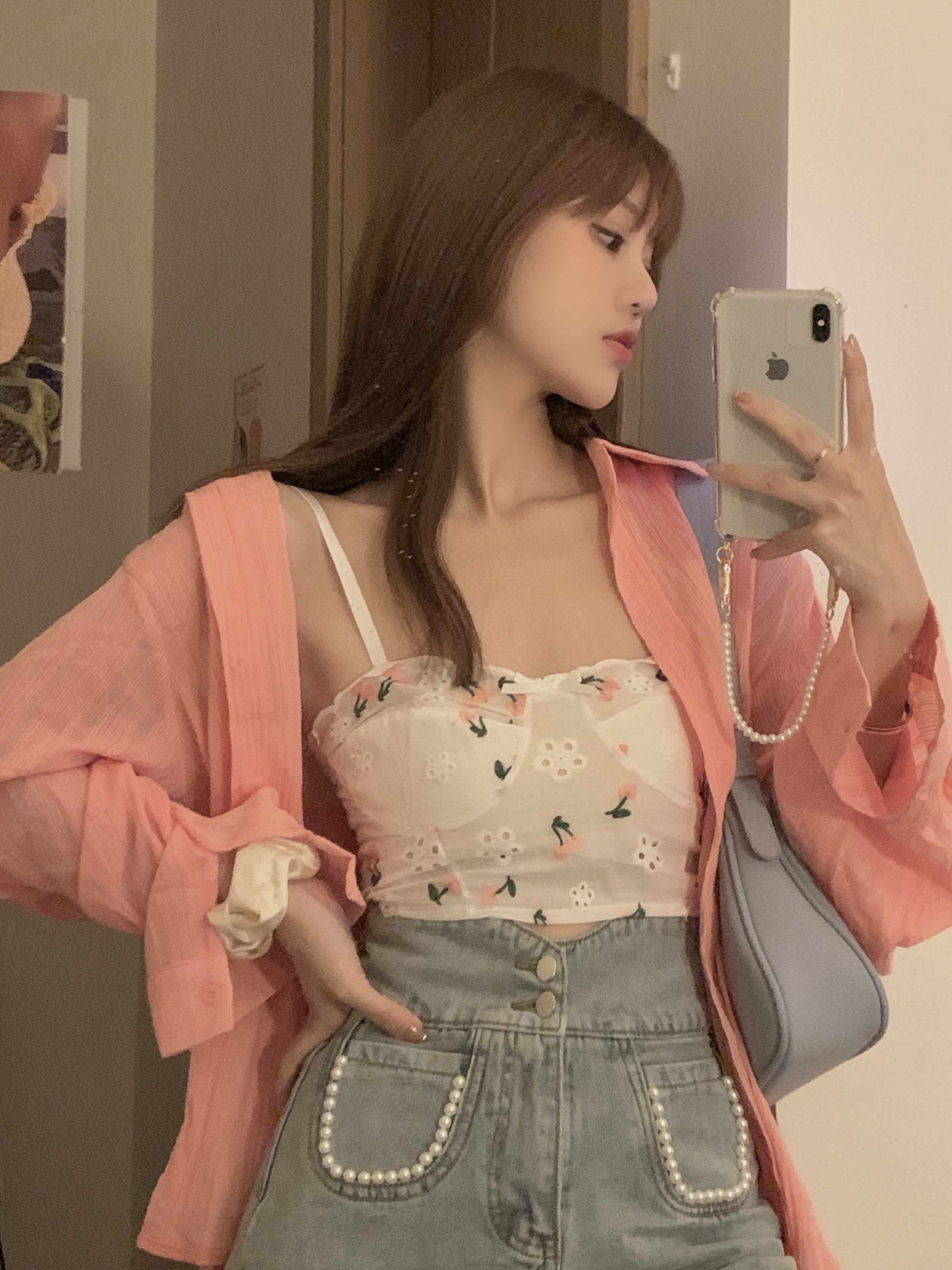 Real price pure desire hot girl rose red sunscreen loose thin shirt + cherry small sling vest