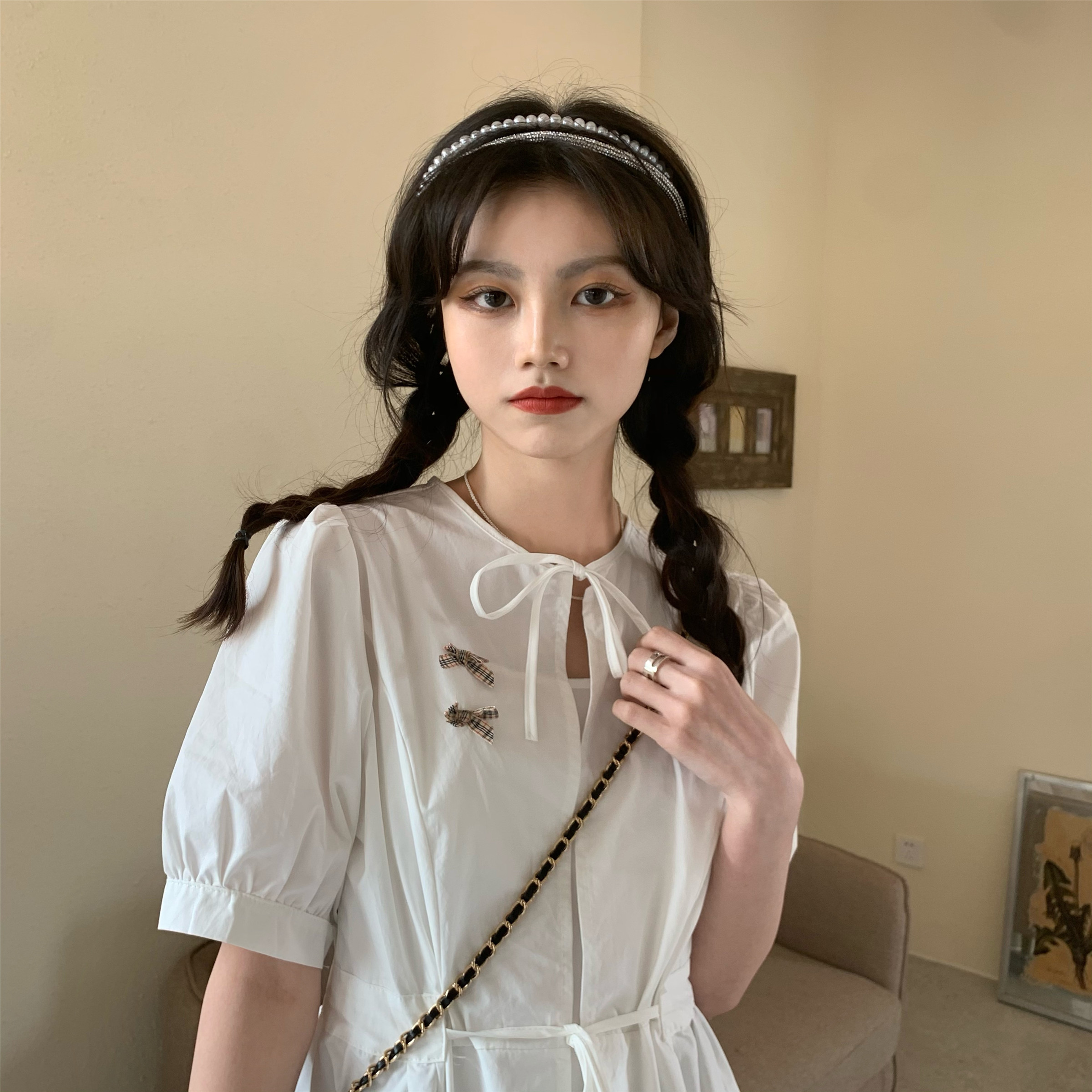 Real shot real price spring and summer new Guima girl design feeling bow shirt lace top