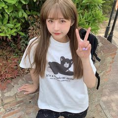 Korean girls loose casual black cat printed short sleeve T-shirt