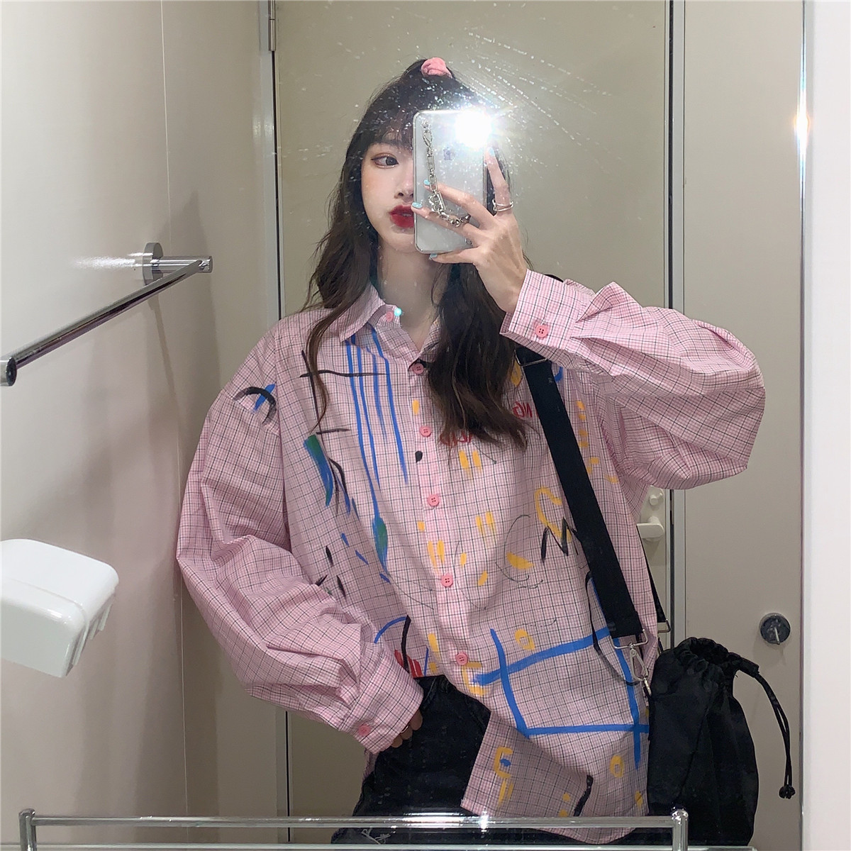 Real price chic Hong Kong style design graffiti loose BF Plaid Long Sleeve Shirt