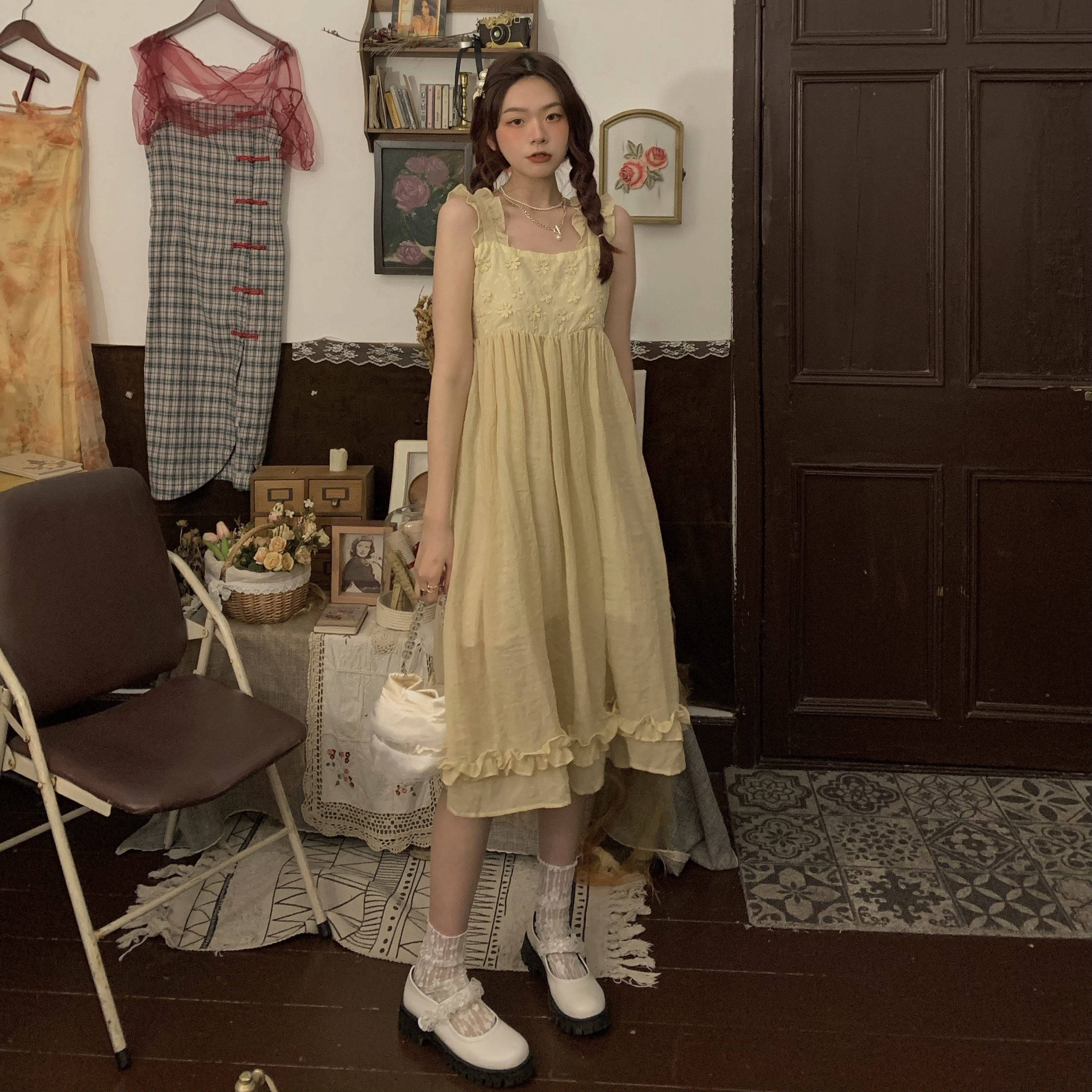 Real price Xiaohuang skirt ear edge age reducing suspender skirt Japanese fresh loose dress vest skirt