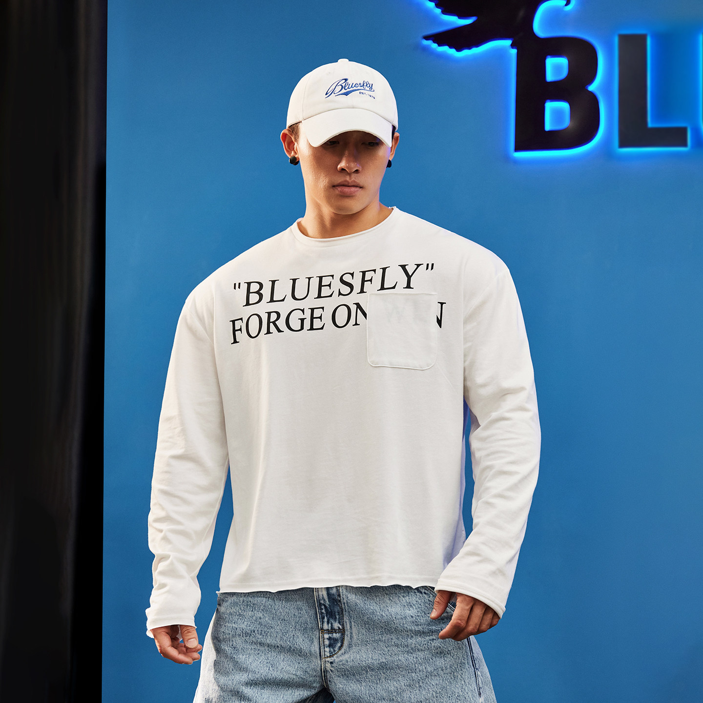 BLUESFLY美式潮牌破坏领长袖秋冬男宽松百搭休闲运动训练T恤上衣