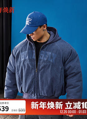 BLUESFLY美式做旧bomber棉服洗水夹克外套男冬加厚短款连帽工装