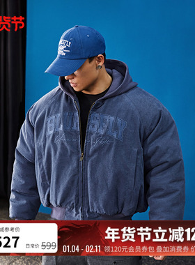 BLUESFLY美式做旧bomber棉服洗水夹克外套男冬加厚短款连帽工装