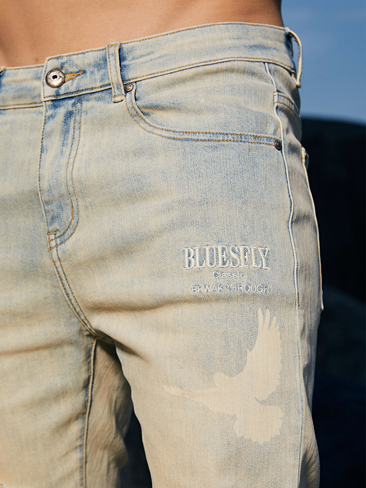 BLUESFLY 미국 패션 브랜드 피트니스 스포츠 청바지 남성용 슬림 스트레치 찢어진 프린트 캐주얼 바지[작은 발용]