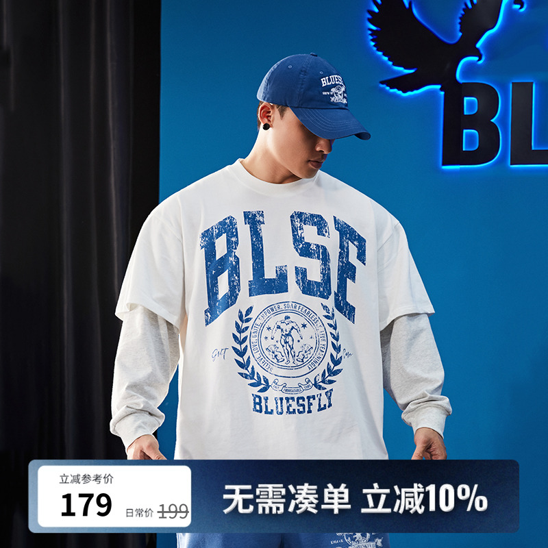 BLUESFLY假两件长袖t恤棉卫衣男秋冬美式印花宽松休闲运动训练潮
