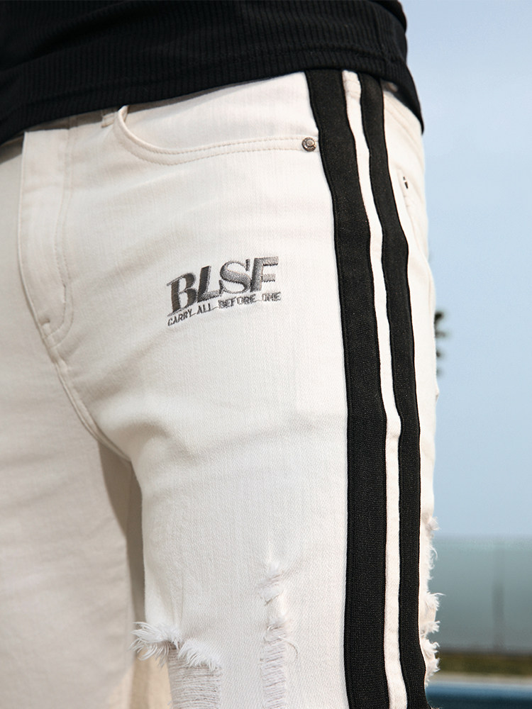 BLUESFLY 찢어진 청바지 여름 남성 트렌디한 아메리칸 하이스트리트 슬림핏 오프화이트 슬림 로우웨이스트 팬츠