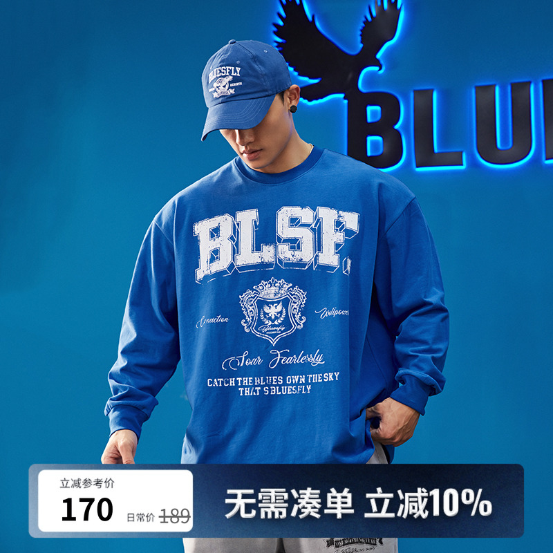 BLUESFLY健身长袖棉T恤男秋冬美式印花宽松休闲运动训练上衣