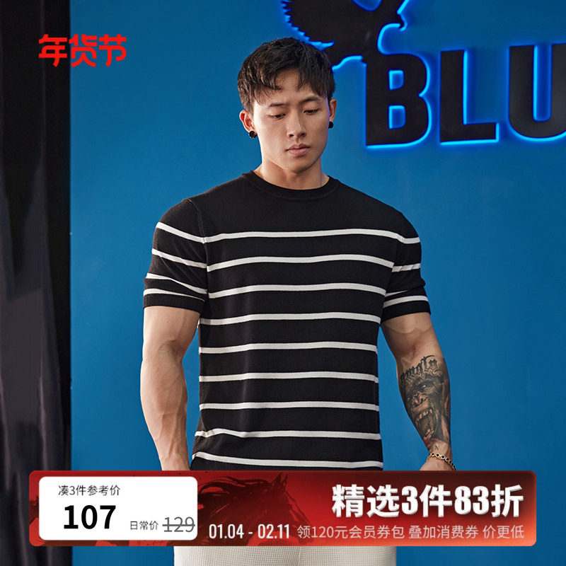 BLUESFLY男士条纹短袖T恤肌肉男健身衣服潮牌运动休闲训练服上衣,运动服/休闲服装,运动T恤,淘宝优惠券,粉丝福利购,淘宝优惠卷