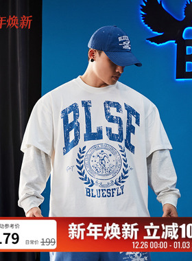 BLUESFLY假两件长袖t恤棉卫衣男秋冬美式印花宽松休闲运动训练潮