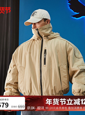 BLUESFLY美式水洗工装飞行夹克外套棉服男连帽立领冬加厚充棉保暖