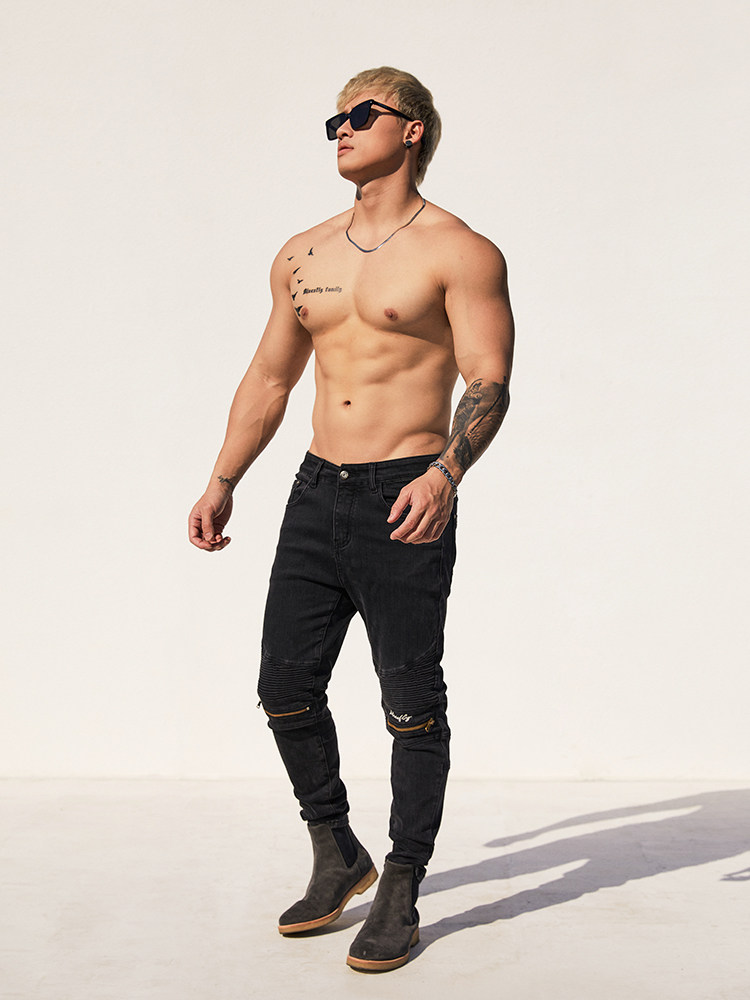 BLUESFLY 레트로 아메리칸 청바지 남성 트렌디한 무릎 지퍼 슬림핏 워싱 팬츠