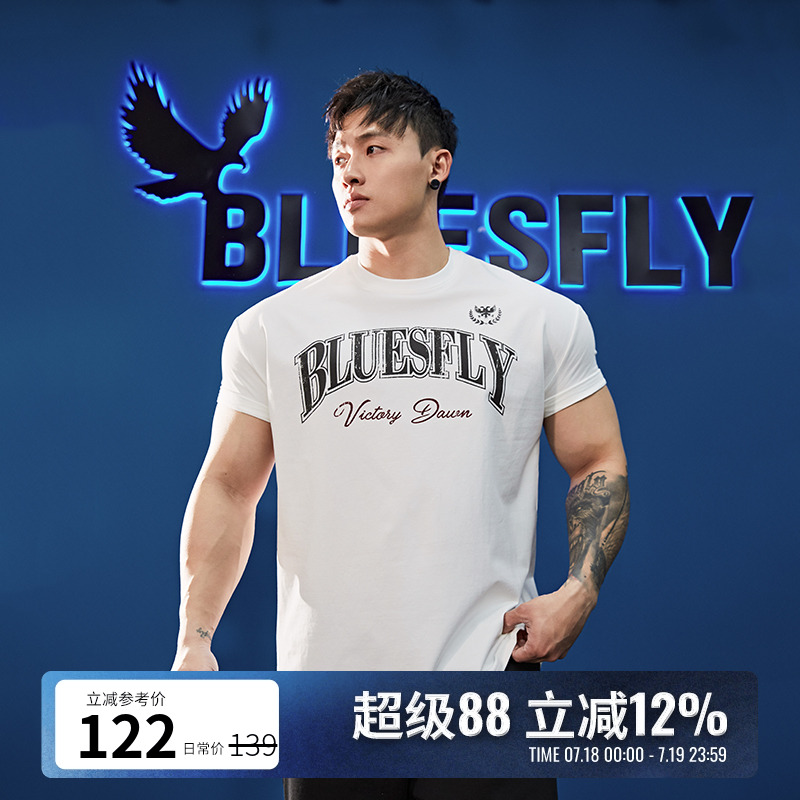 BLUESFLY健身运动短袖t恤男收袖口半袖训练上衣美式印花潮牌透气