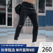 休闲裤 黑色长裤 男破洞弹力深蹲训练紧身裤 BLUESFLY健身运动牛仔裤