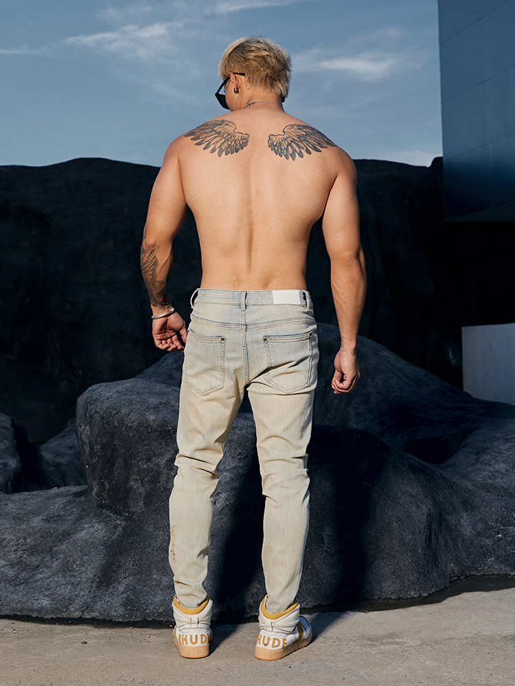 BLUESFLY 미국 패션 브랜드 피트니스 스포츠 청바지 남성용 슬림 스트레치 찢어진 프린트 캐주얼 바지[작은 발용]