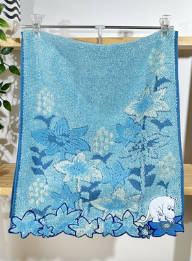 出口日本蓝色胖河马可爱纯棉无捻刺绣柔软吸水毛巾面巾34×75cm