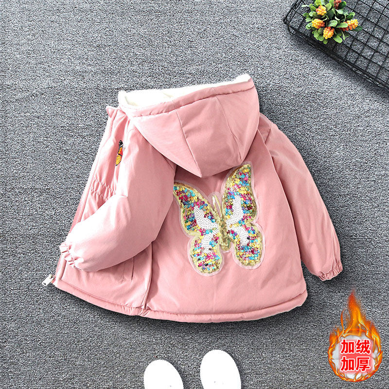 女童冬装加绒连帽外套女童时尚亮片蝴蝶收腰保暖舒适宽松棉服潮童