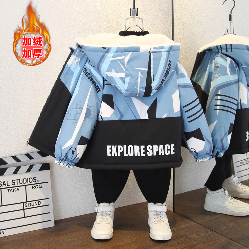 女童秋冬款连帽加绒加厚棉衣外套男童个性拼接太空字母印花派克服