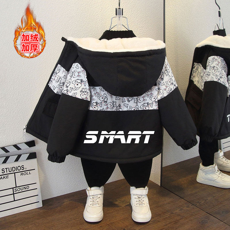 男女宝宝秋冬加绒连帽棉服外套女童韩版时尚拼接字母印花休闲服潮