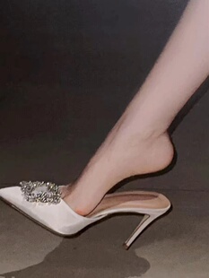 孙智惠2024夏季新款凉拖水钻尖头方扣包头浅口细跟高跟女外穿半拖