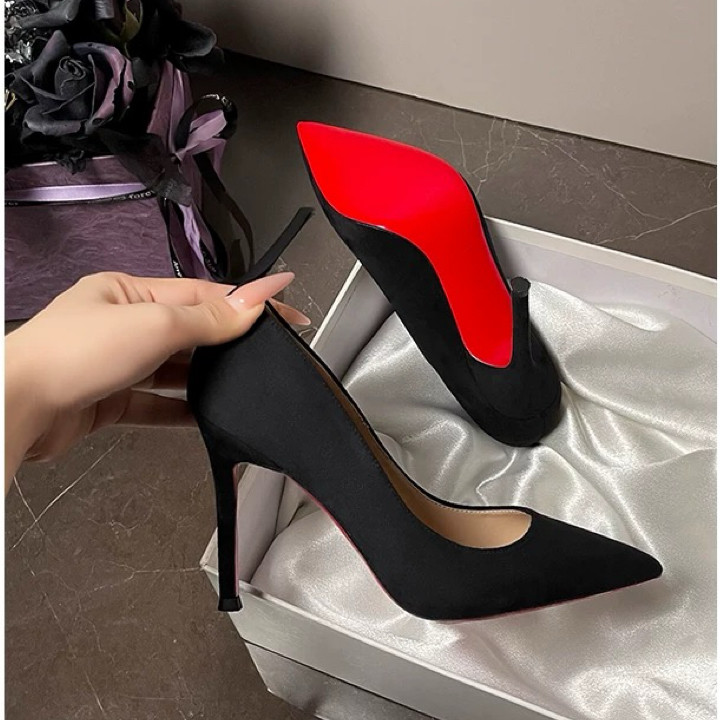 黑色红底高跟鞋女细跟春季2025新款气质性感尖头通勤绒面职业单鞋
