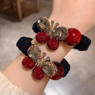 安可拉红蝴蝶红头绳本命年镶钻发圈质时尚高端高弹力马尾丸子皮筋