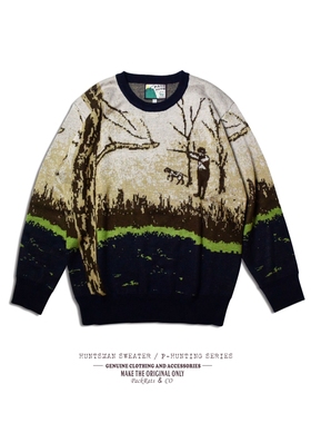 PACKRATS16AW huntsmanSWEATER 美式复古提花猎装针织毛衣男