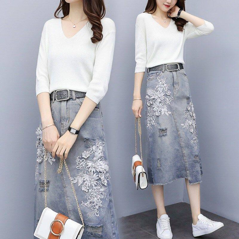 重工钉珠牛仔半身裙女秋高腰显瘦港味韩版刺绣开叉大码包臀中长裙在类目 女装/女士精品, 半身裙中 - 来自Buy2taobao.com提供专业的淘宝代购服务