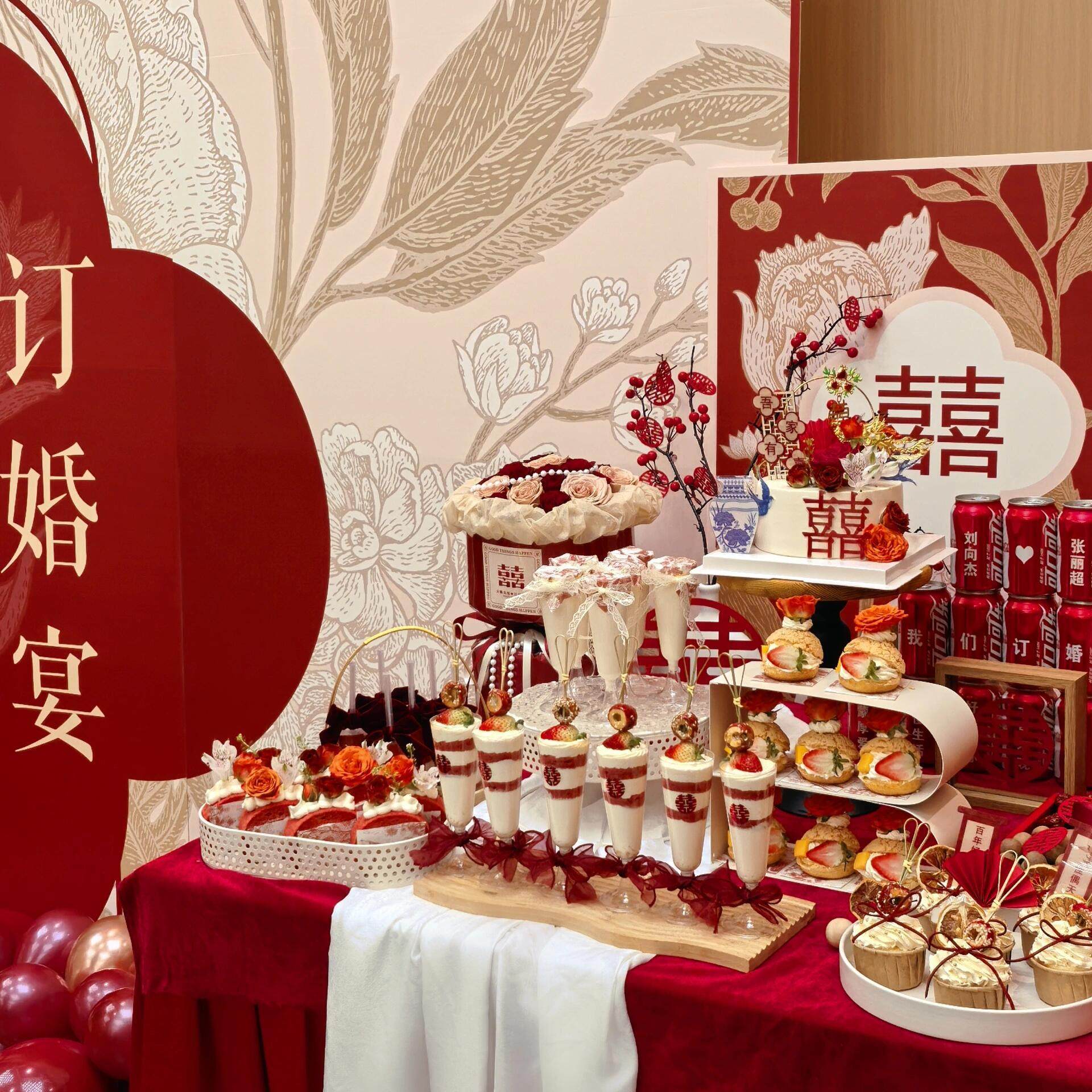 红色系中式婚礼甜品台订婚蛋糕装饰国风中式结婚推推乐慕斯杯贴纸