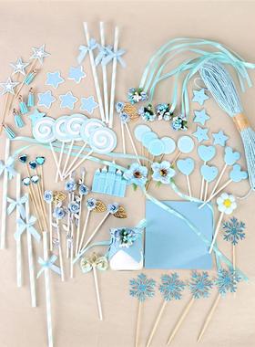 蓝色甜品台装饰插件丝带小兔子主题插牌周岁男孩兔宝宝推推乐贴纸