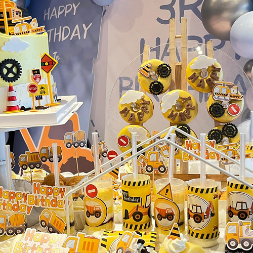 挖掘机工程车甜品台装饰卡通推土机慕斯杯贴纸插件男孩生日周岁宴