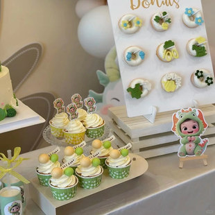 森系绿色龙年宝宝甜品台装饰蛋糕插牌摆件满月百天周岁生日推推乐